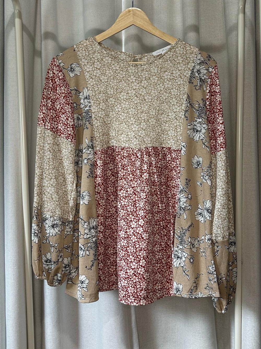 🍂CES FEMME Cottage Core Boho Patchwork Floral Peasant Top - Rust & Beige - Small - Picture 2 of 4